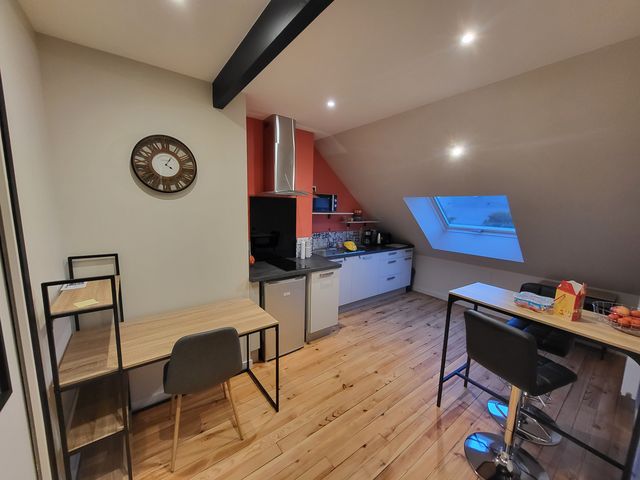 Studio sous combles : kitchenette blanche, fenêtre de toit et parquet, à Sainte-Luce-sur-Loire